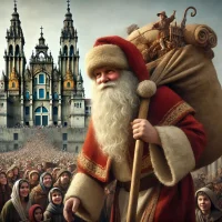 Santa Claus as a pilgrim arriving at the cathedral in Santiago de Compostela.webp