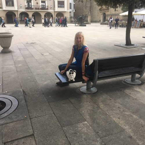 My Wife and Plaza Kitty in Ponferrada Near Old Town Statue