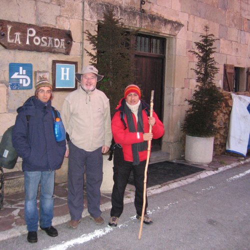 Portugues, Irish & Peruvian Pilgrims leaving Roncesvalles January 2005