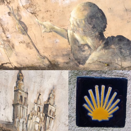 Murals in Sarria and a shell plaque.